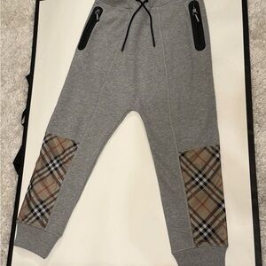Burberry Gray Joggers with Signature Plaid Knee Panels Kids Sz 10 NWT